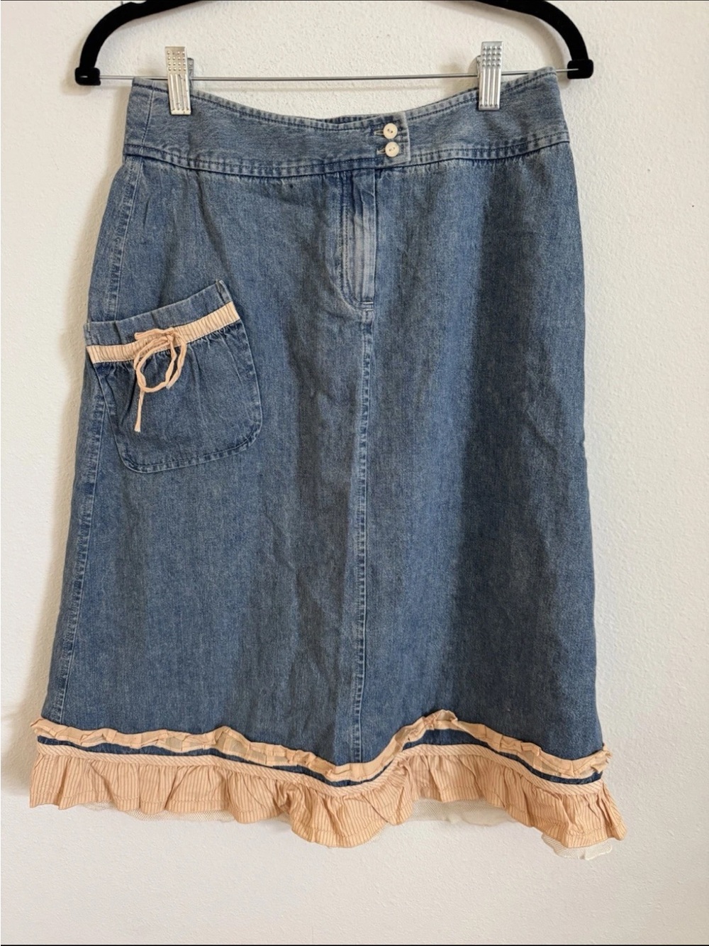 Blue Denim Midi Skirt with Peach Ruffle Trim
